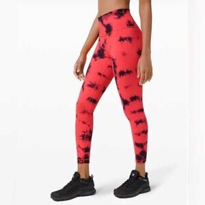 Lululemon Wunder Train‎ HR Tight 25 Wash Tie Dye Carnation Red Black Size 2